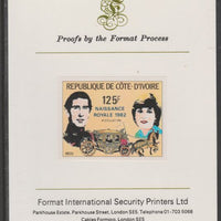 Ivory Coast 1982 Birth of Prince William opt on Royal Wedding 125f imperf proof mounted on Format International proof card, as SG 732