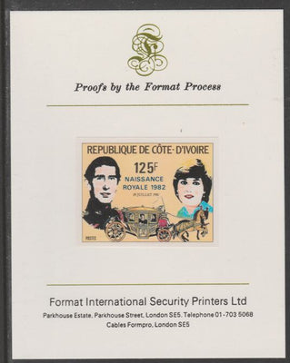 Ivory Coast 1982 Birth of Prince William opt on Royal Wedding 125f imperf proof mounted on Format International proof card, as SG 732