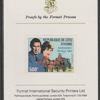 Ivory Coast 1982 Birth of Prince William opt on Royal Wedding 500f (ex m/sheet) imperf proof mounted on Format International proof card, as SG MS733