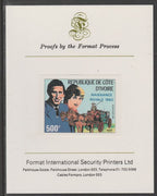 Ivory Coast 1982 Birth of Prince William opt on Royal Wedding 500f (ex m/sheet) imperf proof mounted on Format International proof card, as SG MS733