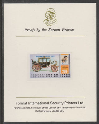 Niger Republic 1982 Birth of Prince William opt on Royal Wedding 200f imperf proof mounted on Format International proof card, as SG 906