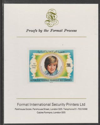 Comoro Islands 1981 Princess Diana's 21st Birthday 200f imperf proof mounted on Format International proof card, as SG 482