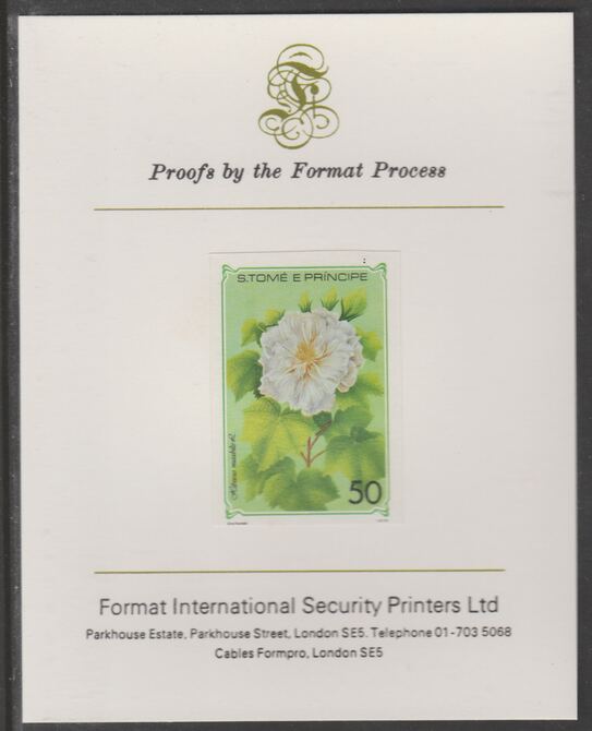 St Thomas & Prince Islands 1979 Flowers 50E imperf proof (ex m/sheet) mounted on Format International proof card