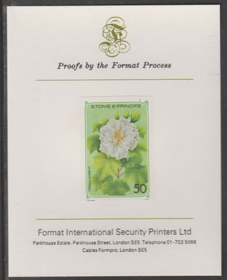 St Thomas & Prince Islands 1979 Flowers 50E imperf proof (ex m/sheet) mounted on Format International proof card