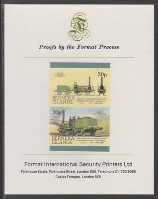 Bernera 1983 Locomotives #2 (Dublin & Kingstown Railway) 30p se-tenant imperf proof pair mounted on Format International proof card