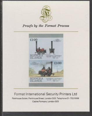 Bernera 1983 Locomotives #2 (Canterbury & Whitstable Rly) £1 se-tenant,imperf proof pair mounted on Format International proof card