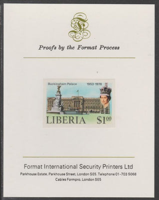Liberia 1978 Coronation 25th Anniversary $1 Buckingham Palace imperf proof mounted on Format International proof card, as SG 1350
