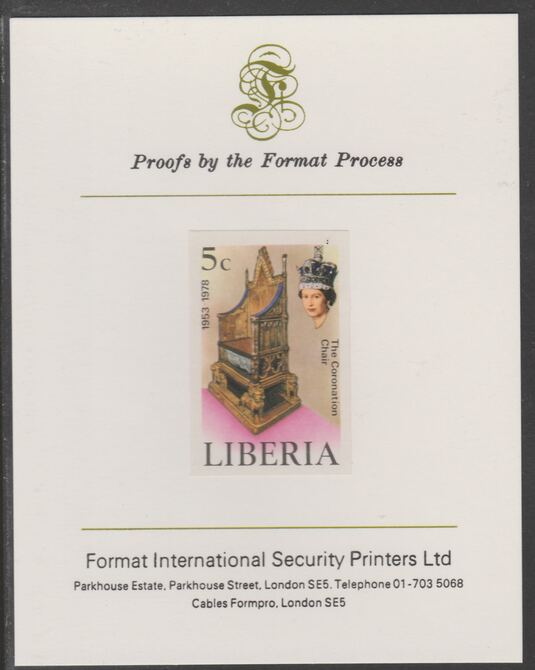 Liberia 1978 Coronation 25th Anniversary 5c Coronation Chair imperf proof mounted on Format International proof card, as SG 1348