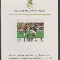 Liberia 1978 Football World Cup 3c imperf proof mounted on Format International proof card, as SG 1342