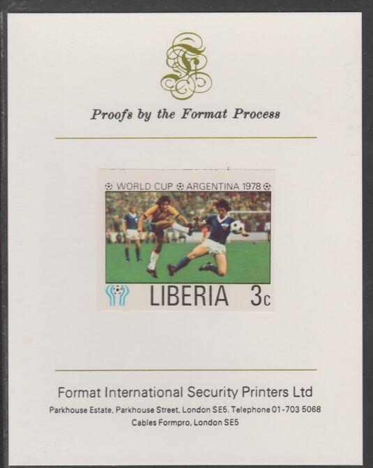 Liberia 1978 Football World Cup 3c imperf proof mounted on Format International proof card, as SG 1342