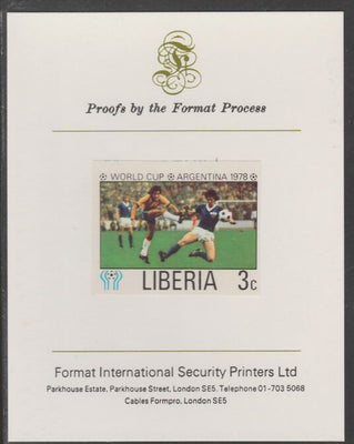Liberia 1978 Football World Cup 3c imperf proof mounted on Format International proof card, as SG 1342