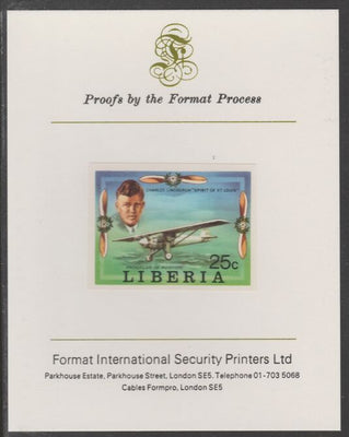 Liberia 1978 Progress in Aviation 25c Charles Lindbergh & Spirit of St Louis imperf proof mounted on Format International proof card, as SG 1330