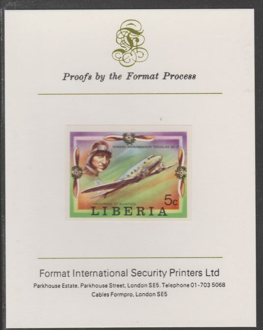 Liberia 1978 Progress in Aviation 5c Douglas DC-3 imperf proof mounted on Format International proof card, as SG 1329