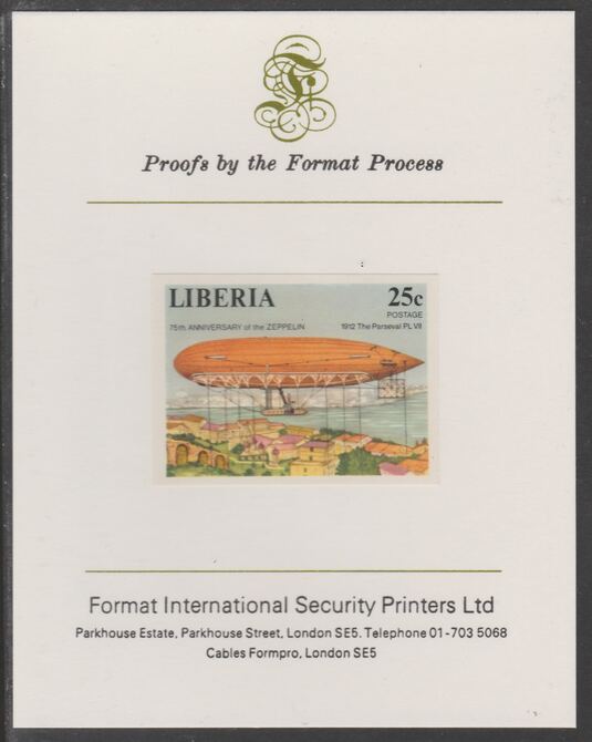 Liberia 1978 Zeppelin Anniversary 25c imperf proof mounted on Format International proof card, as SG 1337