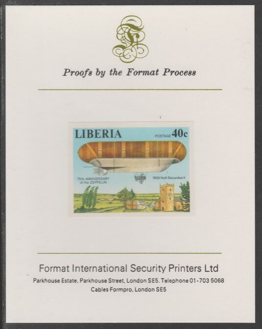 Liberia 1978 Zeppelin Anniversary 40c imperf proof mounted on Format International proof card, as SG 1338