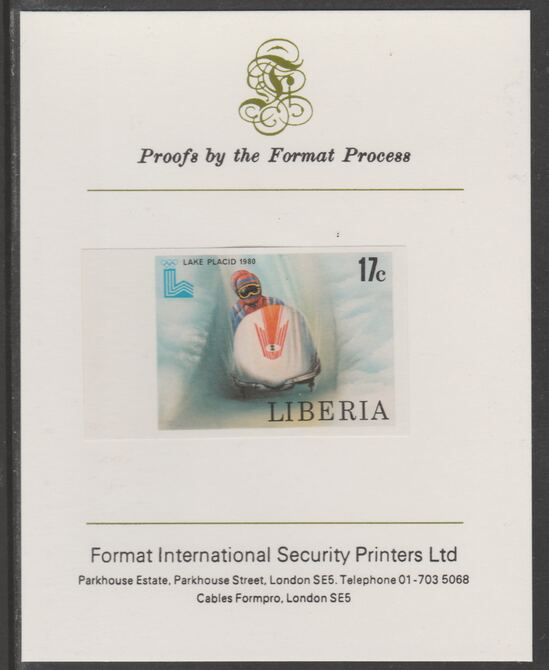 Liberia 1980 Lake Placid Winter Olympics 17c Bobsleigh imperf proof mounted on Format International proof card, as SG 1451