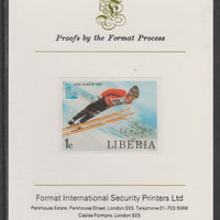 Liberia 1980 Lake Placid Winter Olympics 1c Ski Jumping imperf proof mounted on Format International proof card, as SG 1449