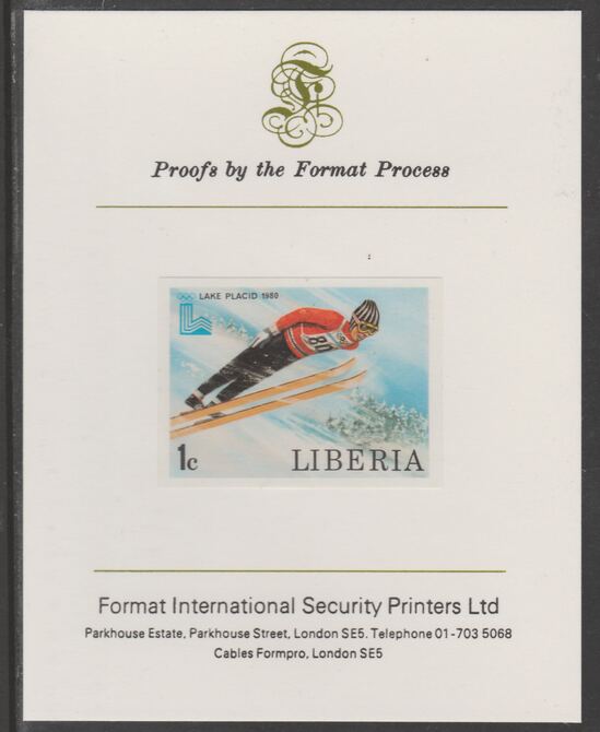 Liberia 1980 Lake Placid Winter Olympics 1c Ski Jumping imperf proof mounted on Format International proof card, as SG 1449