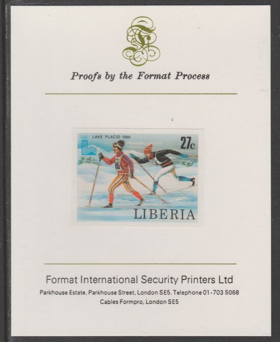Liberia 1980 Lake Placid Winter Olympics 27c Cross-Country Skiing imperf proof mounted on Format International proof card, as SG 1452