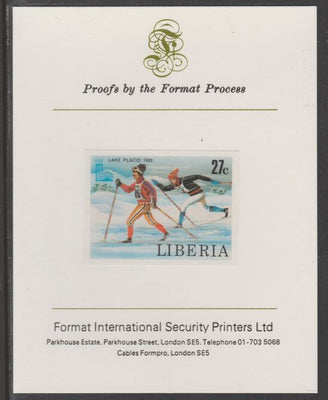 Liberia 1980 Lake Placid Winter Olympics 27c Cross-Country Skiing imperf proof mounted on Format International proof card, as SG 1452