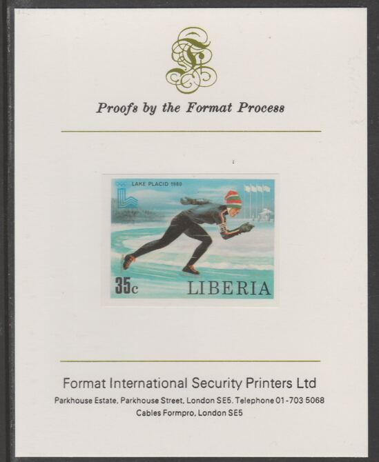 Liberia 1980 Lake Placid Winter Olympics 35c Speed Skating imperf proof mounted on Format International proof card, as SG 1453