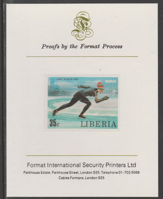 Liberia 1980 Lake Placid Winter Olympics 35c Speed Skating imperf proof mounted on Format International proof card, as SG 1453