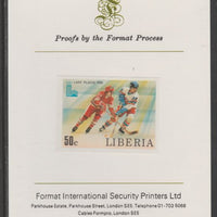 Liberia 1980 Lake Placid Winter Olympics 50c Ice Hockey imperf proof mounted on Format International proof card, as SG 1454