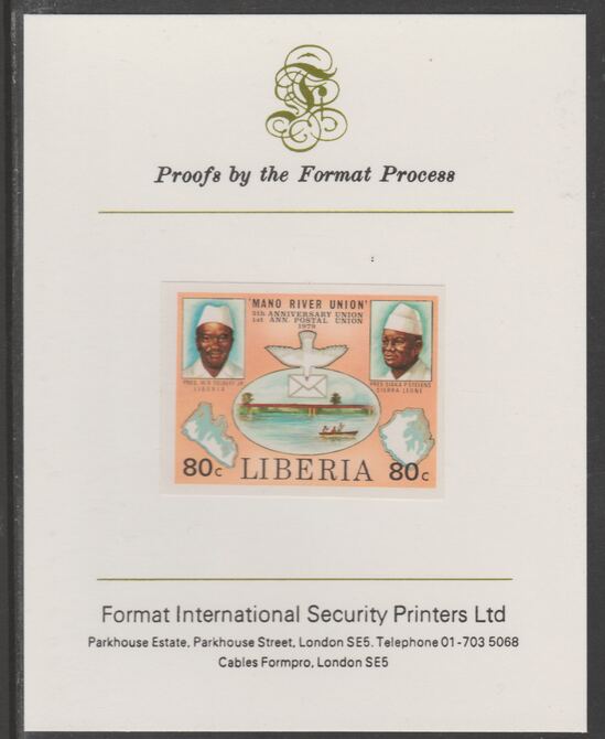 Liberia 1980 Mano River & UPU Anniversarys 80c imperf proof mounted on Format International proof card, as SG 1459