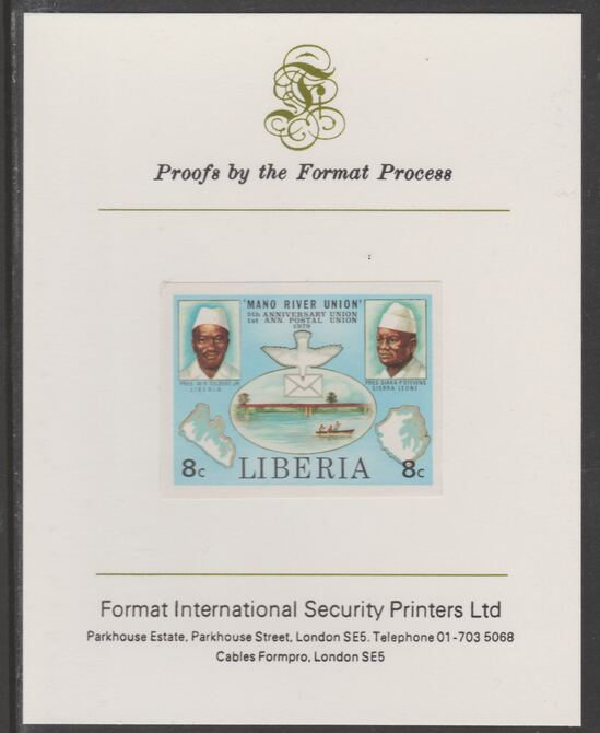 Liberia 1980 Mano River & UPU Anniversarys 8c imperf proof mounted on Format International proof card, as SG 1456