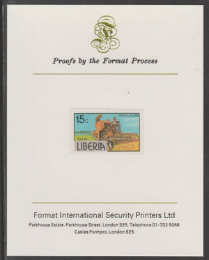 Liberia 1981 Combine Harvester 15c imperf proof mounted on Format International proof card, as SG 1506a