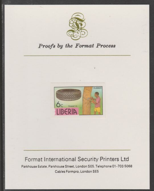 Liberia 1981 Rubber Tree & Tyre 6c (imperf proof mounted on Format International proof card, as SG 1506