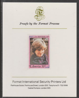 Liberia 1982 Birth of Prince William opt on Diana 21st Birthday 31c imperf proof mounted on Format International proof card, as SG 1544