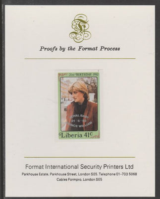Liberia 1982 Birth of Prince William opt on Diana 21st Birthday 41c imperf proof mounted on Format International proof card, as SG 1545