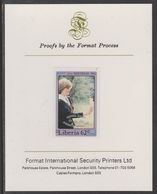 Liberia 1982 Birth of Prince William opt on Diana 21st Birthday 62c imperf proof mounted on Format International proof card, as SG 1546
