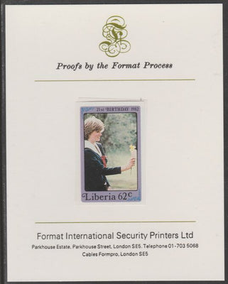 Liberia 1982 Princess Di's 21st Birthday 62c imperf proof mounted on Format International proof card, as SG 1531