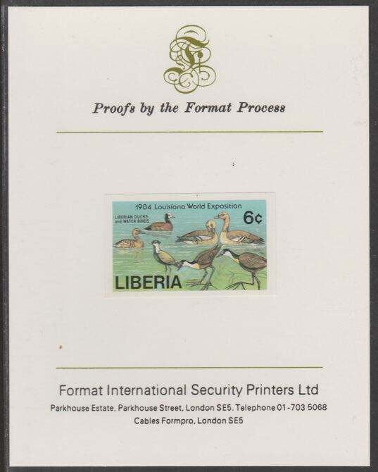 Liberia 1984 Ducks & Water Birds 6c imperf proof mounted on Format International proof card, as SG 1587