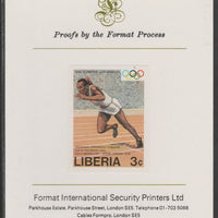 Liberia 1984 Jesse Owens (Sprinter) 3c imperf proof mounted on Format International proof card, as SG 1581