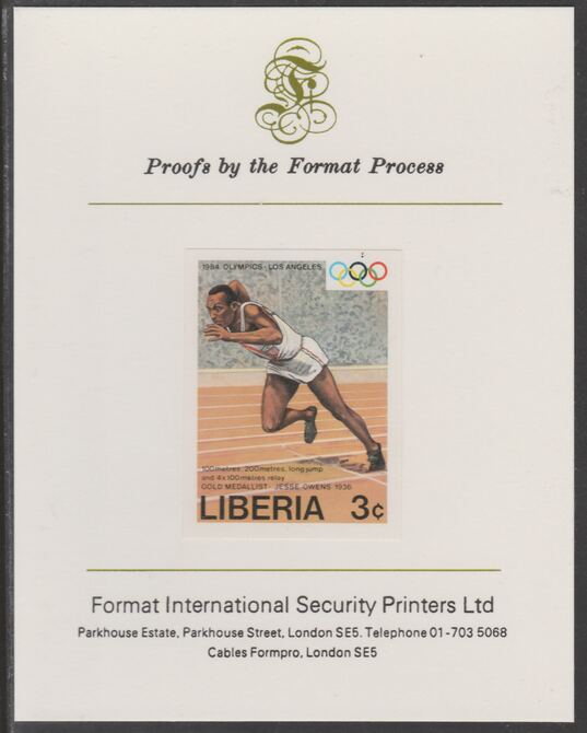 Liberia 1984 Jesse Owens (Sprinter) 3c imperf proof mounted on Format International proof card, as SG 1581