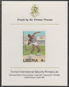 Liberia 1984 Rafer Johnson (Shot) 4c imperf proof mounted on Format International proof card, as SG 1582