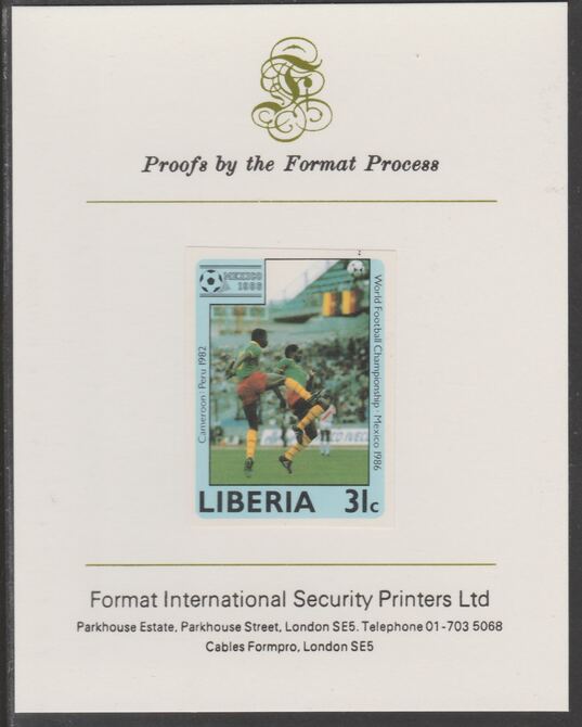 Liberia 1985 Football World Cup 31c imperf proof mounted on Format International proof card, as SG 1608