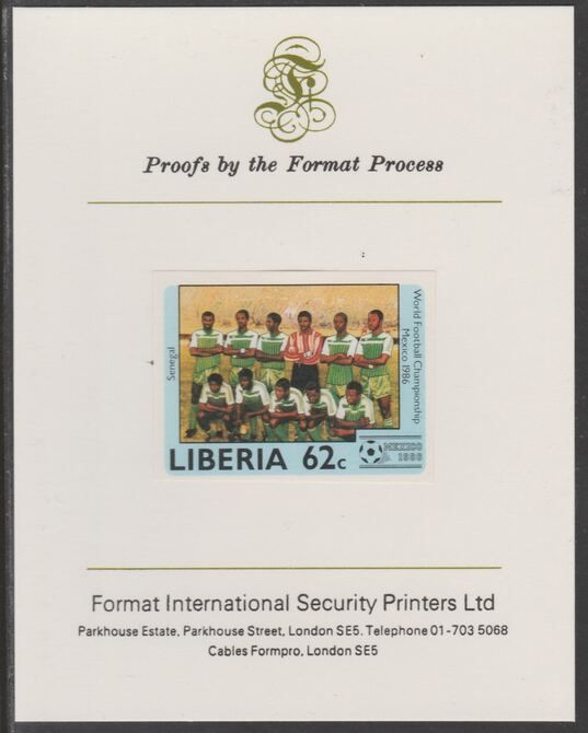 Liberia 1985 Football World Cup 62c imperf proof mounted on Format International proof card, as SG 1610