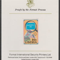 Liberia 1986 Ameripex (Stamp Exhibition) 80c imperf proof mounted on Format International proof card, as SG 1627