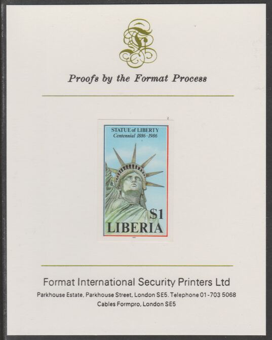 Liberia 1986 Statue of Liberty Centenary $1 imperf proof mounted on Format International proof card, as SG 1630