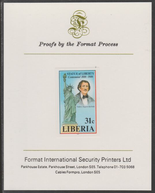 Liberia 1986 Statue of Liberty Centenary 31c imperf proof mounted on Format International proof card, as SG 1629