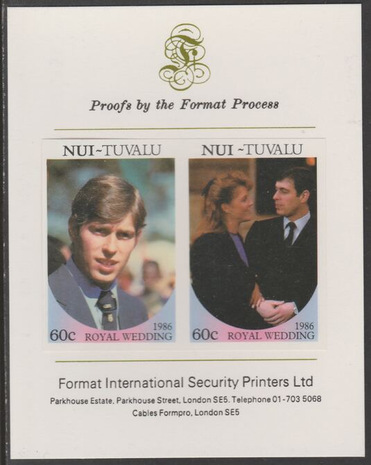 Tuvalu - Nui 1986 Royal Wedding (Andrew & Fergie) 60c imperf se-tenant proof pair mounted on Format International proof card