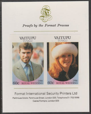 Tuvalu - Vaitupu 1986 Royal Wedding (Andrew & Fergie) 60c imperf se-tenant proof pair mounted on Format International proof card