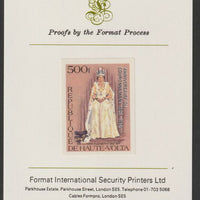 Upper Volta 1978 25th Anniversary of Coronation opt'd on Silver Jubilee 500f imperf proof mounted on Format International proof card as SG MS 497
