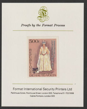 Upper Volta 1978 25th Anniversary of Coronation opt'd on Silver Jubilee 500f imperf proof mounted on Format International proof card as SG MS 497