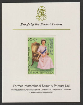 Upper Volta 1978 25th Anniversary of Coronation opt'd on Silver Jubilee 200f imperf proof mounted on Format International proof card
