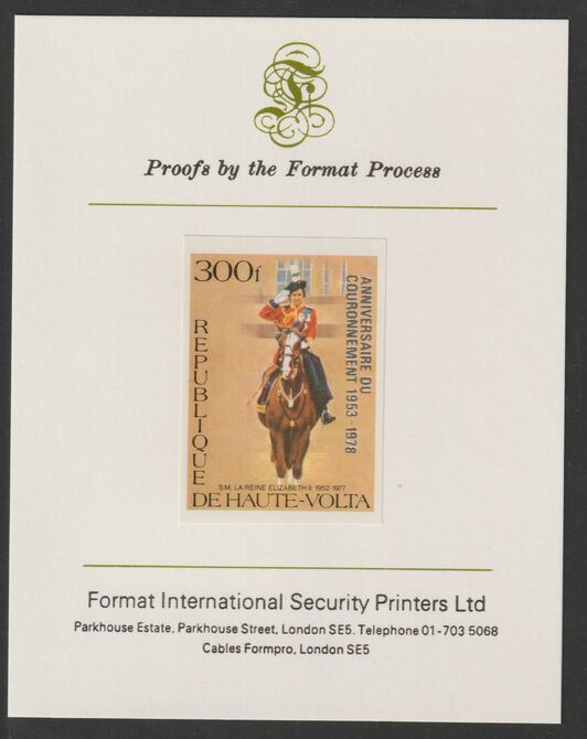 Upper Volta 1978 25th Anniversary of Coronation opt'd on Silver Jubilee 300f imperf proof mounted on Format International proof card